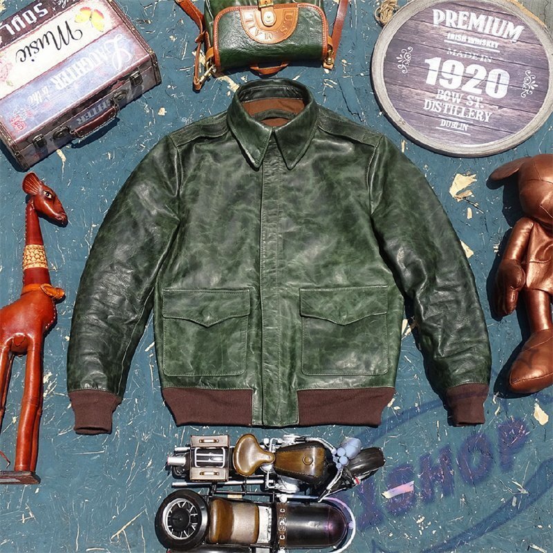 レザージャケット 上品 A2 本革 馬革 1.2mmユーズド加工 ホースハイドライダースジャケット フライトジャケット 革ジャン S~4XL グリーン拍卖