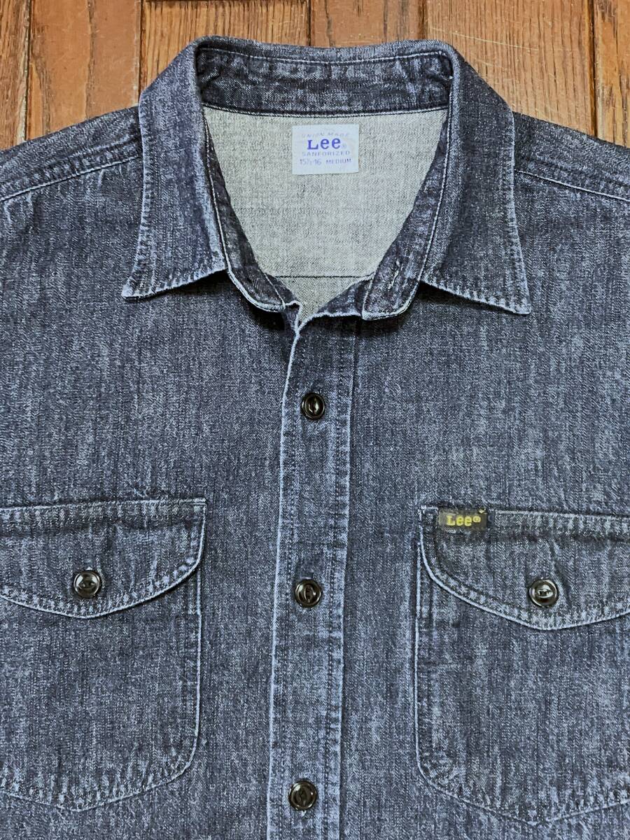 リー Lee ブルー デニム 長袖 ワークシャツ M マチ付き ビンテージ スタイル 猫目ボタン MRなし拍卖