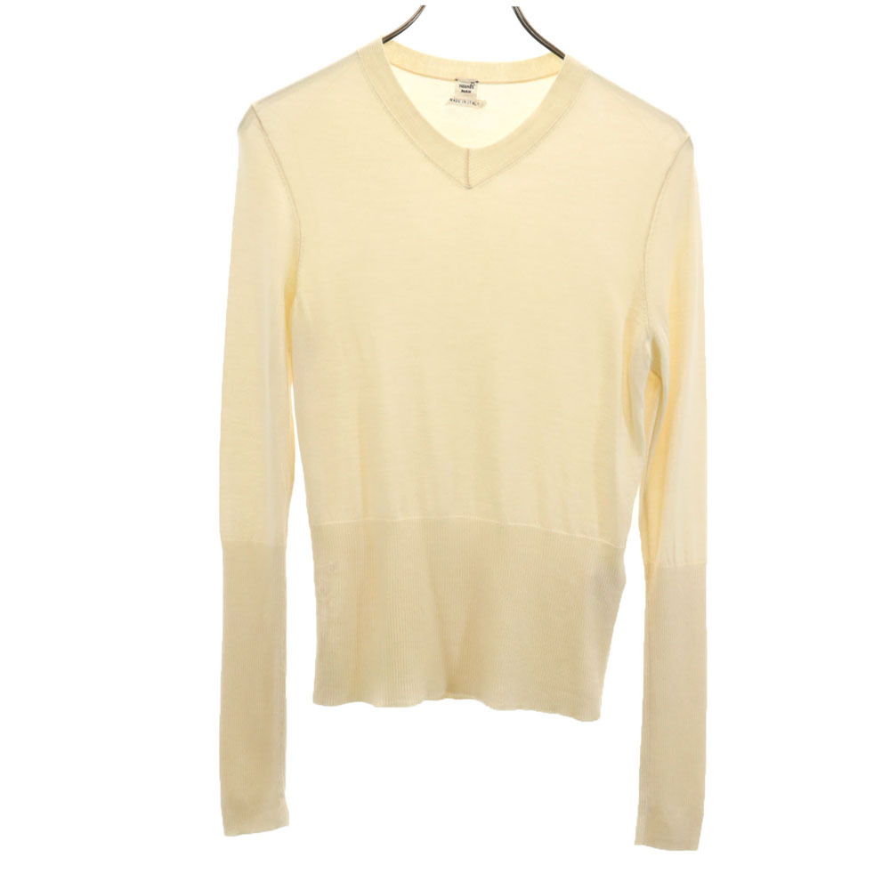 HERMES エルメス イタリア製 カシミヤ 長袖 腹巻きリブ Vネック セーター 38 アイボリー レディース拍卖