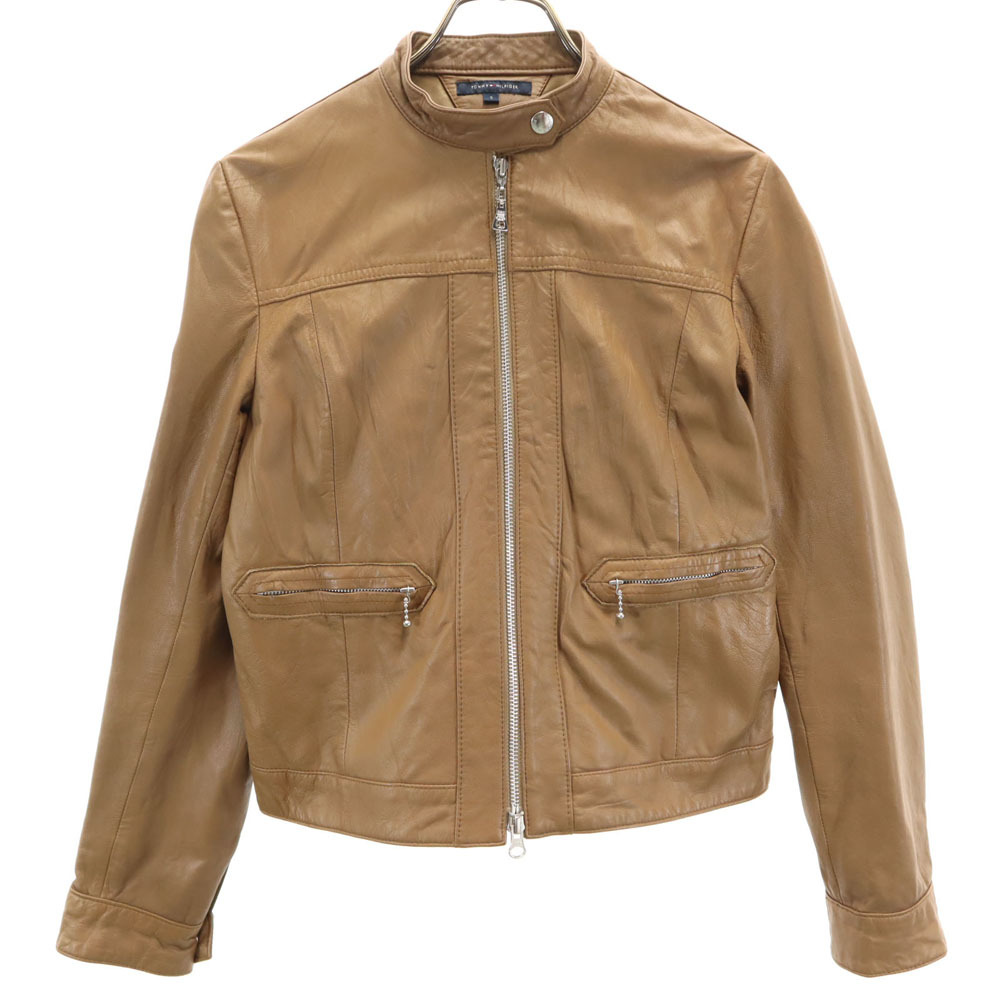 TOMMY HILFIGER トミーヒルフィガー 山羊革 ゴートレザー シングルライダースジャケット S ブラウン レディース拍卖