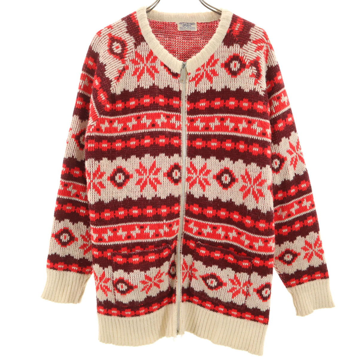 VINTAGE ヴィンテージ 70s セパポケ ノルディック柄 長袖 ジップアップ カーディガン レッド レディース拍卖