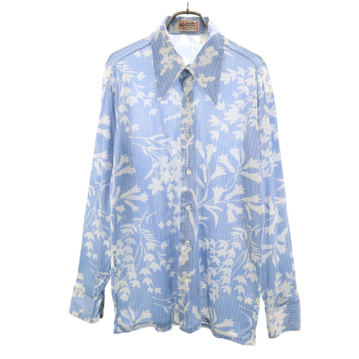 John Blair Menswear 70s ヴィンテージ 衿芯 総柄 長袖 ボタンダウンシャツ ブルー メンズ拍卖