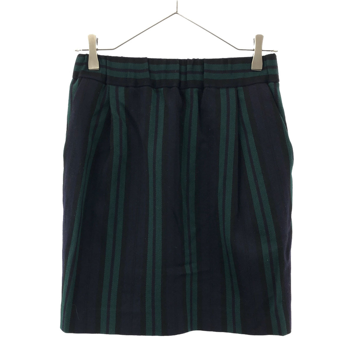 IENA イエナ グレンチェック ミニ丈 タック ウール スカート 34 ネイビー×グリーン ウエストゴム 裏地付き レディース拍卖