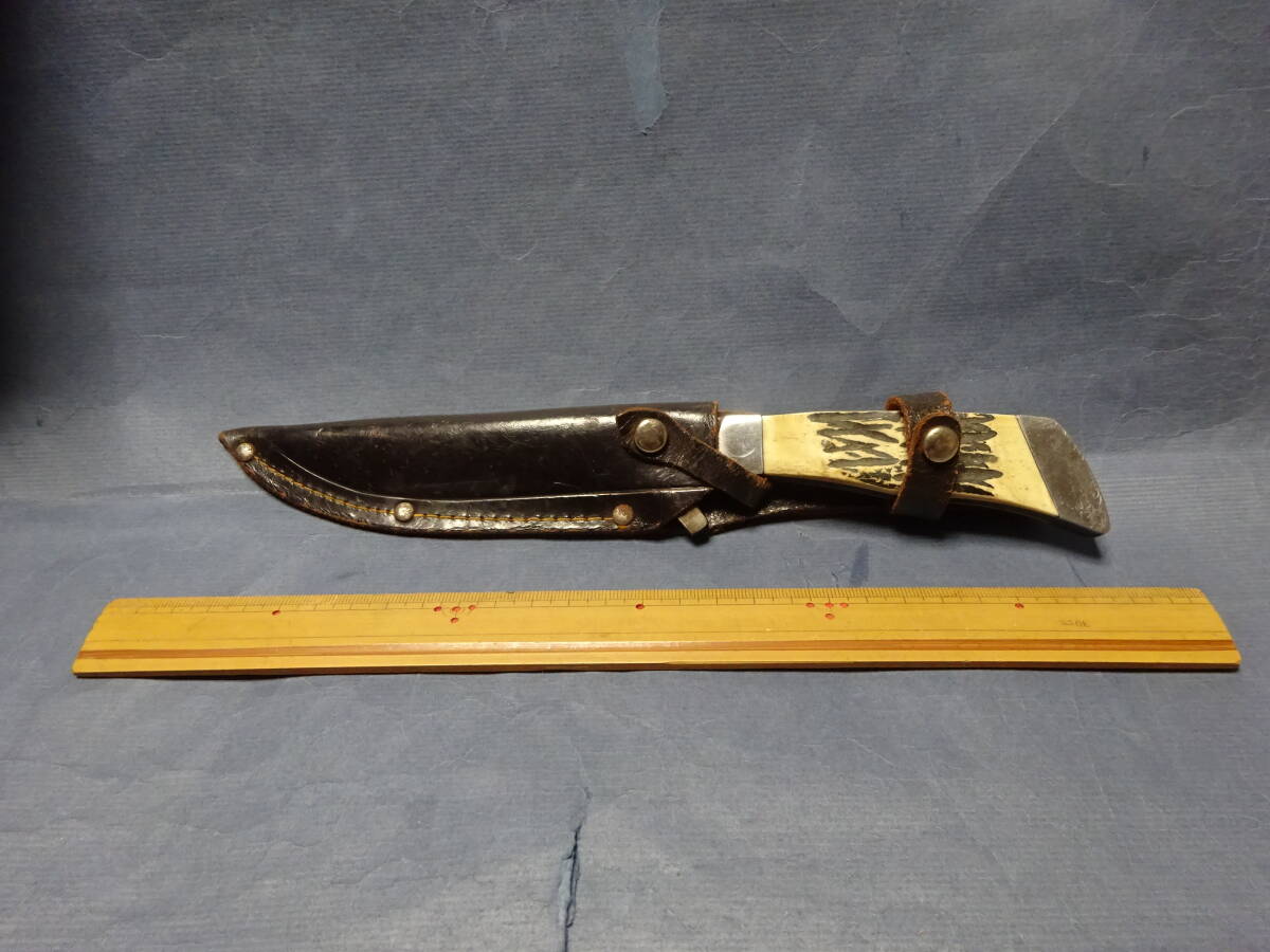 (10−7)小刀ナイフ HUNTER KING KNIFE 革ケース付き ハンターキングナイフ 検;狩猟フルタング ボーン ハンドルスポーツ拍卖