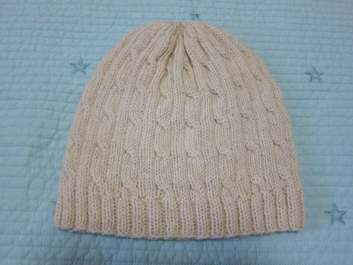 ハンドメイド手編み/ウール100%ケーブル編みニット帽アイボリー拍卖