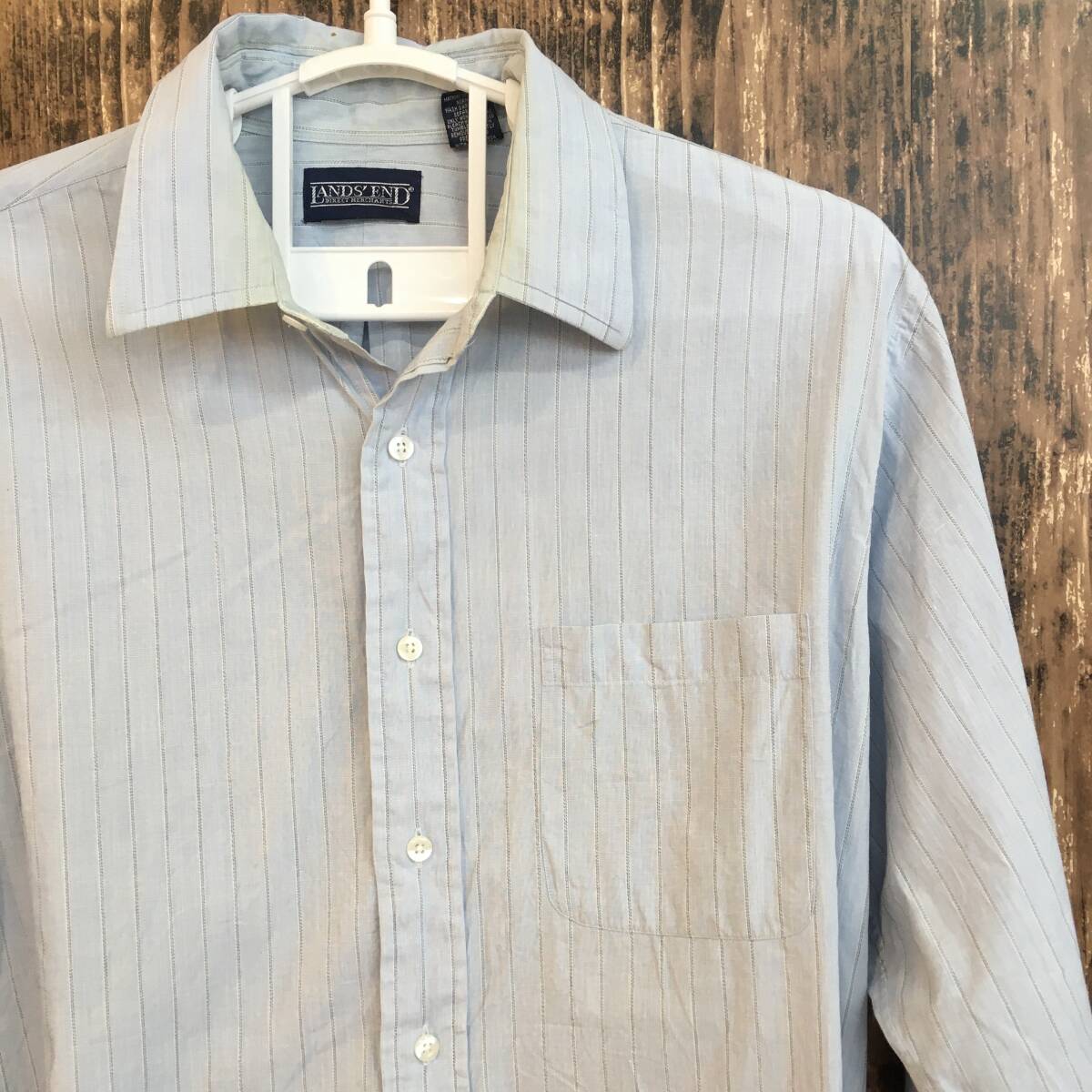 中古 アメリカ古着 LANDS' END ランズエンド 長袖シャツ メンズ Mサイズ相当 水色 ライトブルー ストライプ柄 カジュアル 送料無料拍卖