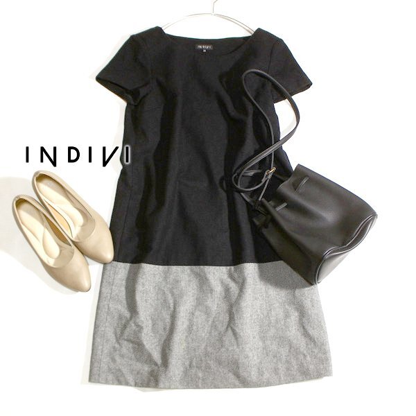 美品 INDIVI インディヴィ 綺麗め バイカラー フラノウール 切り替えワンピース 38号 M 秋 冬 24A11拍卖