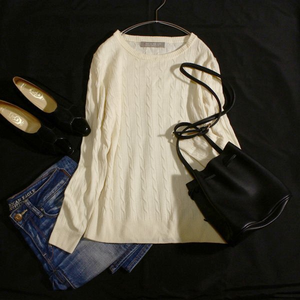 美品 ユナイテッドアローズ A DAY IN THE LIFE ウール100% ケーブル編み 薄め ニット セーター F 春 秋 冬 25A02拍卖