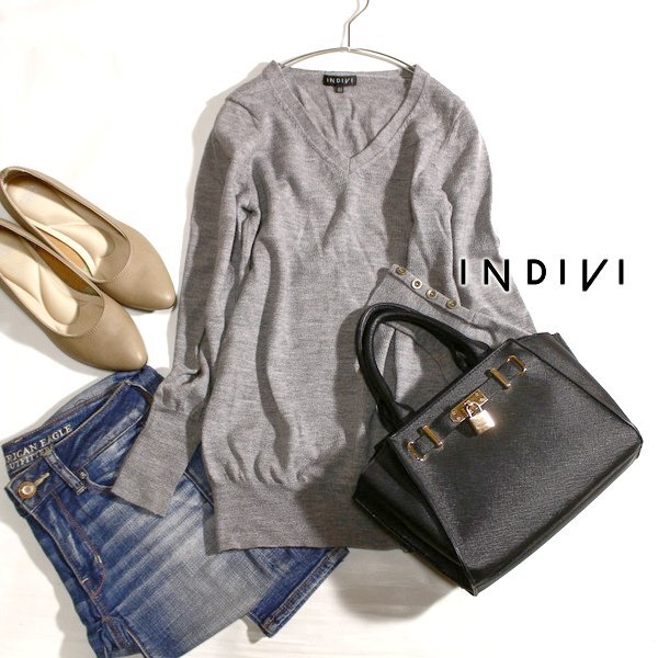 美品 INDIVI インディヴィ ウール100% 綺麗め細身 ニット セーター 05号 XS 秋 冬 25A02拍卖