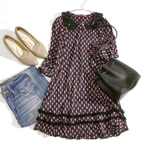 美品 DOLLY GIRL ドリーガール アナスイ 可愛い花柄 ストレッチ チュニック 2号 M 春 夏 25D02拍卖