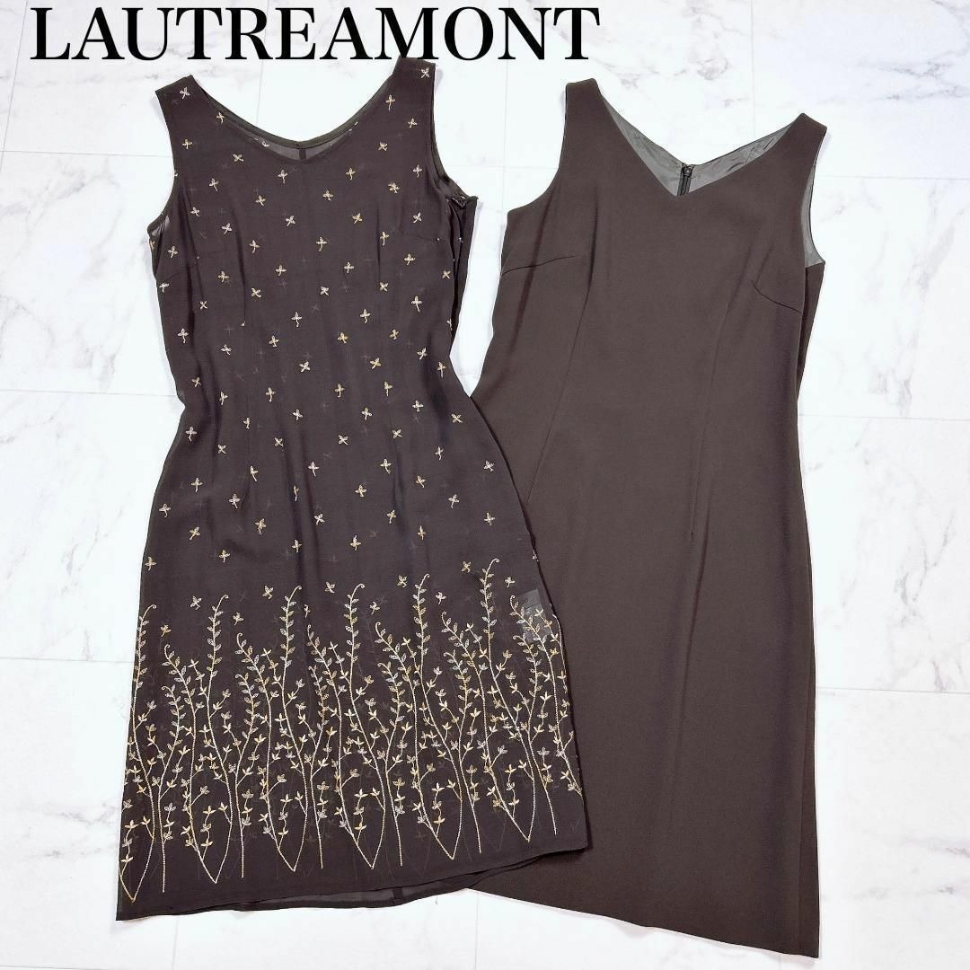 ■ LAUTREAMONT ロートレアモン ノースリーブ ワンピース ボタニカル 刺繍 2枚組 レディース サイズ 3 L ブラウン 茶拍卖