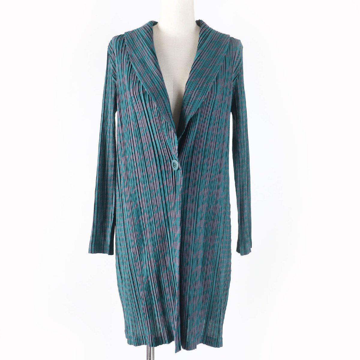 極美品☆PLEATS PLEASE プリーツプリーズ イッセイミヤケ PP53-JA621 千鳥格子 ロングカーディガン グリーン ピンク 3 正規品 レディース拍卖