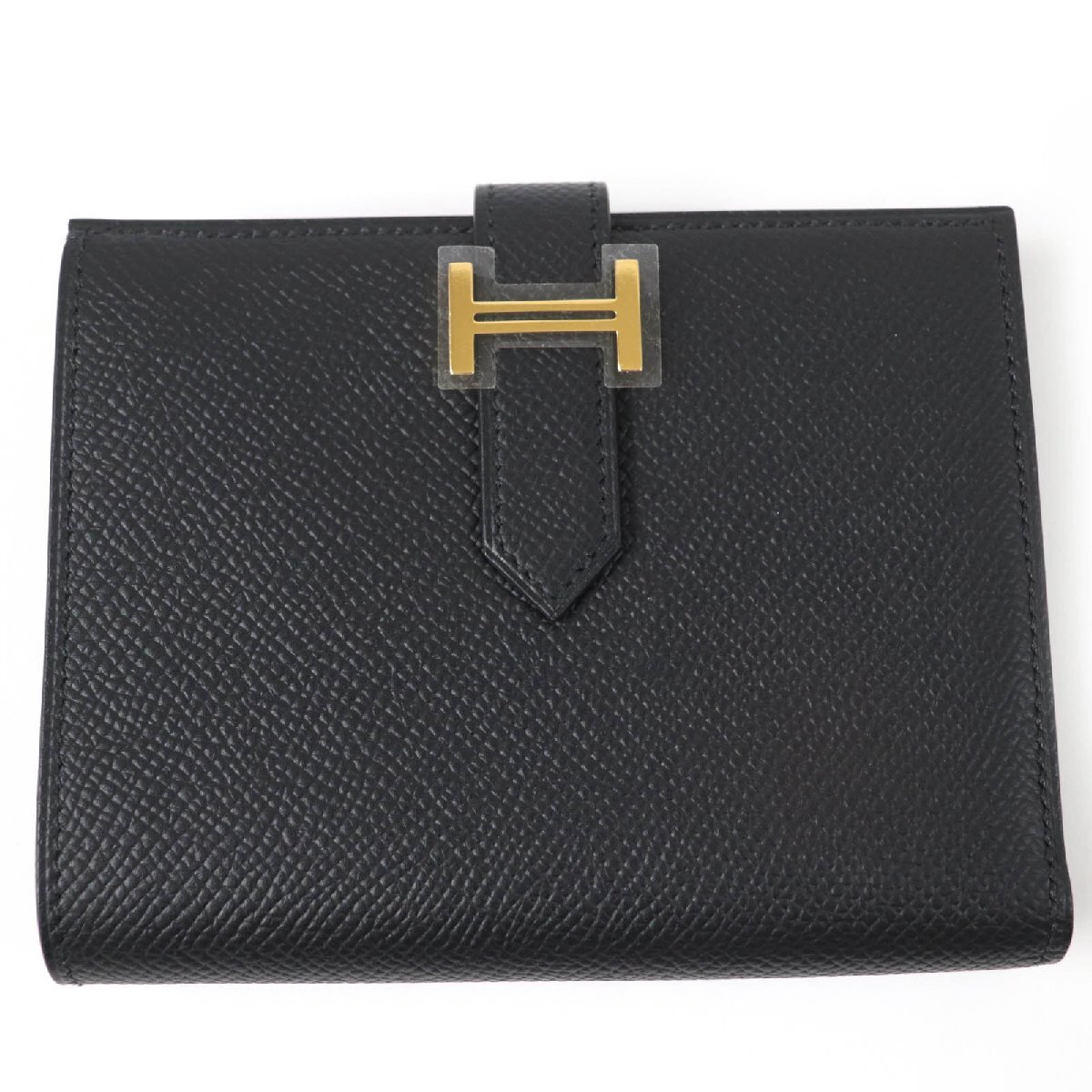 未使用品☆HERMES エルメス ベアン コンパクト ゴールド金具 ヴォーエプソン 二つ折り財布 ブラック W刻印 箱付き フランス製 レディース拍卖