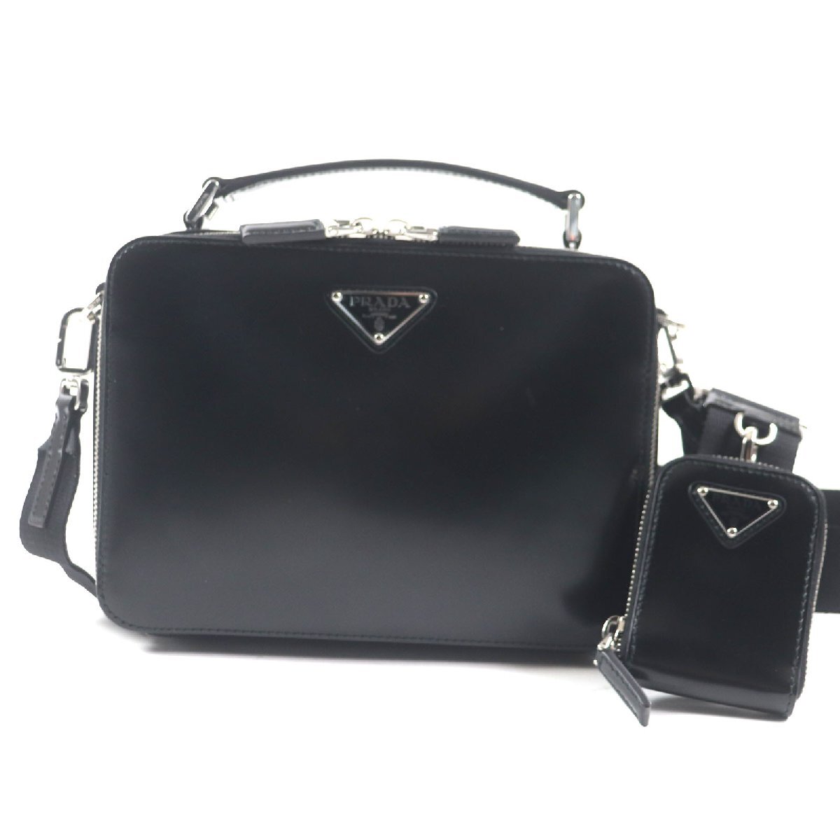 極美品▼PRADA プラダ 2VH069 ブリック トライアングルロゴ ポーチ付き 2WAY ブラッシュドレザー ショルダーバッグ シルバー金具 メンズ拍卖