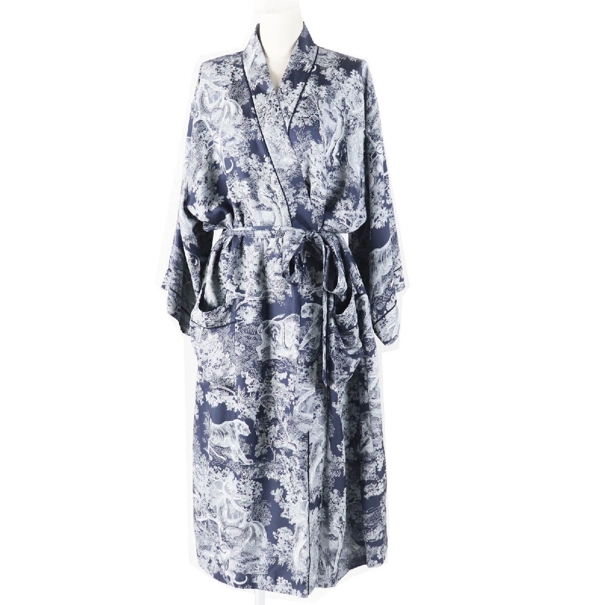 極美品◎Christian Dior クリスチャンディオール 141V35A6776 シルク100% ルームウェア ドレッシングガウン ネイビー ホワイト 44 正規品拍卖