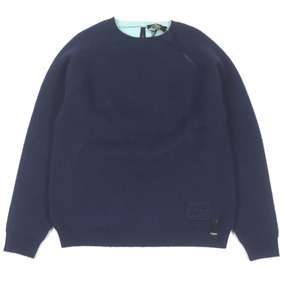 未使用品□FENDI フェンディ 2022年製 FZX110 カシミヤ FFロゴ ズッカ ワッペン ニットセーター ネイビー 46 イタリア製 正規品 メンズ拍卖