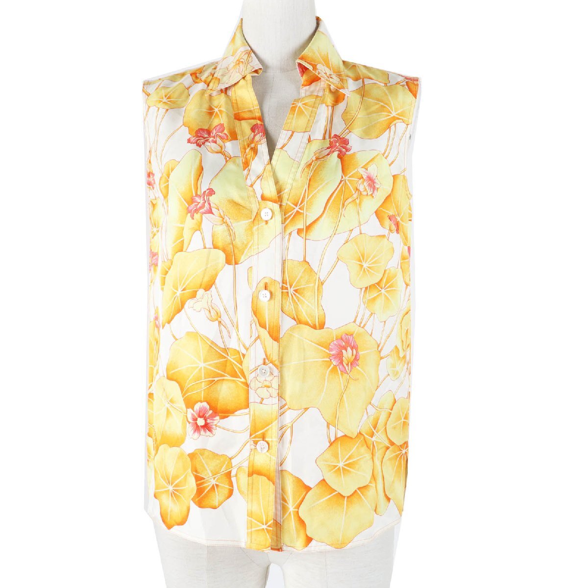 良品◎HERMES エルメス ヴィンテージ マルジェラ期 Les Capucines 金蓮花 シルク100% ノースリーブシャツ オレンジ系 34 仏製 正規品拍卖