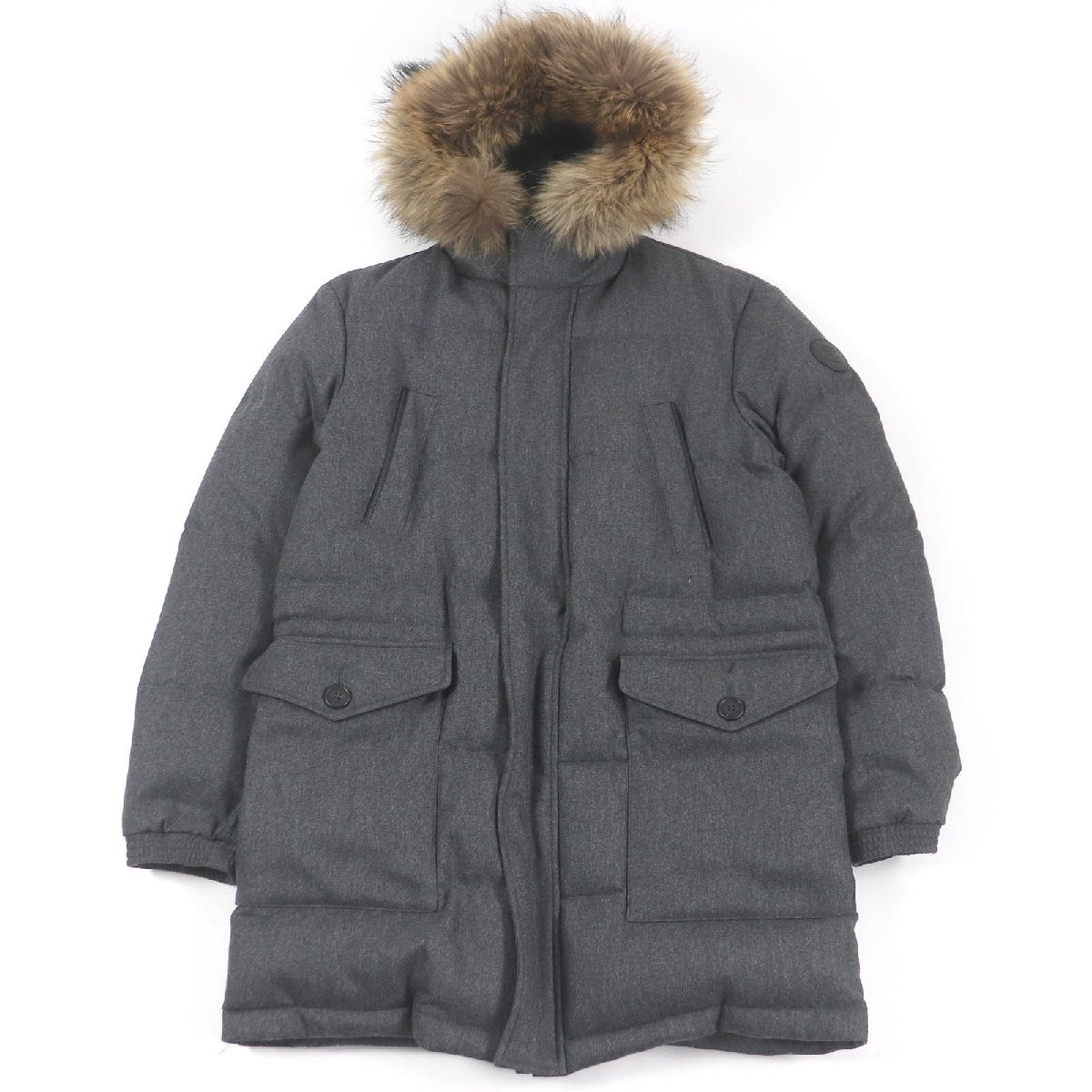 極美品□Dunhill ダンヒル ウール カシミヤ ロゴパッチ ラクーンファー ダウンコート グレー Lサイズ相当 イタリア製 正規品 メンズ拍卖
