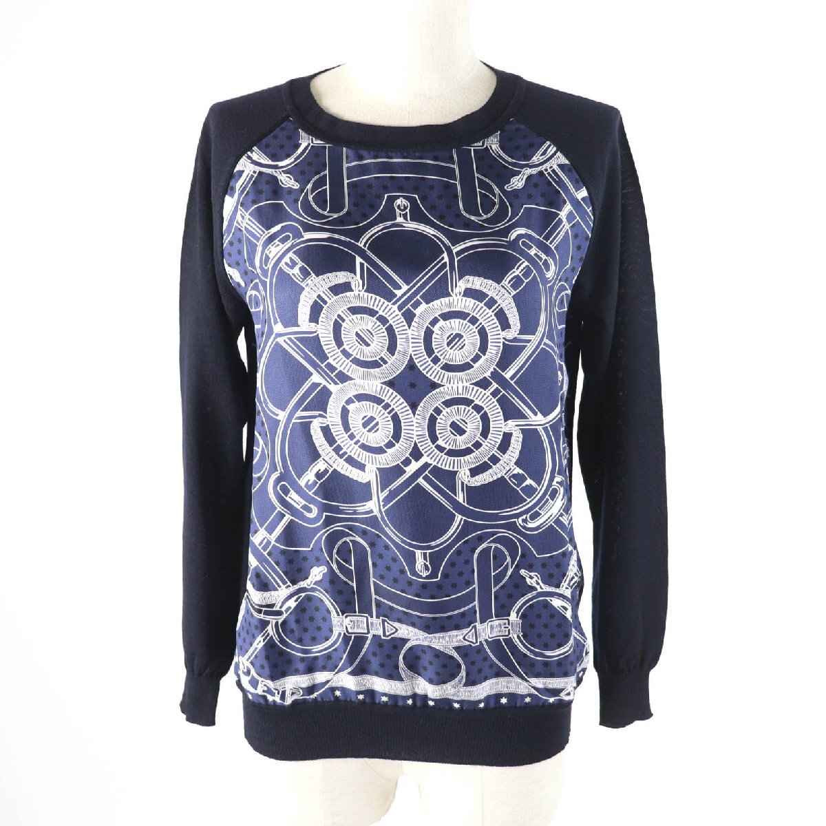 極美品★HERMES エルメス Eperon d'or Tellier 黄金の拍車 シルク100% ツイルレーヌ クルーネック 長袖 ニット ネイビー 36 正規品拍卖