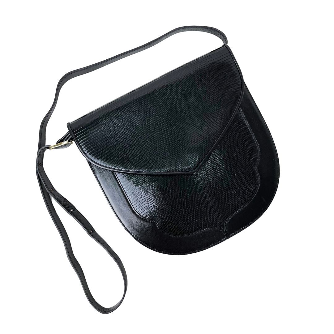 良品 イヴ サンローラン リザード 半円 黒 ショルダーバッグ (01502)拍卖