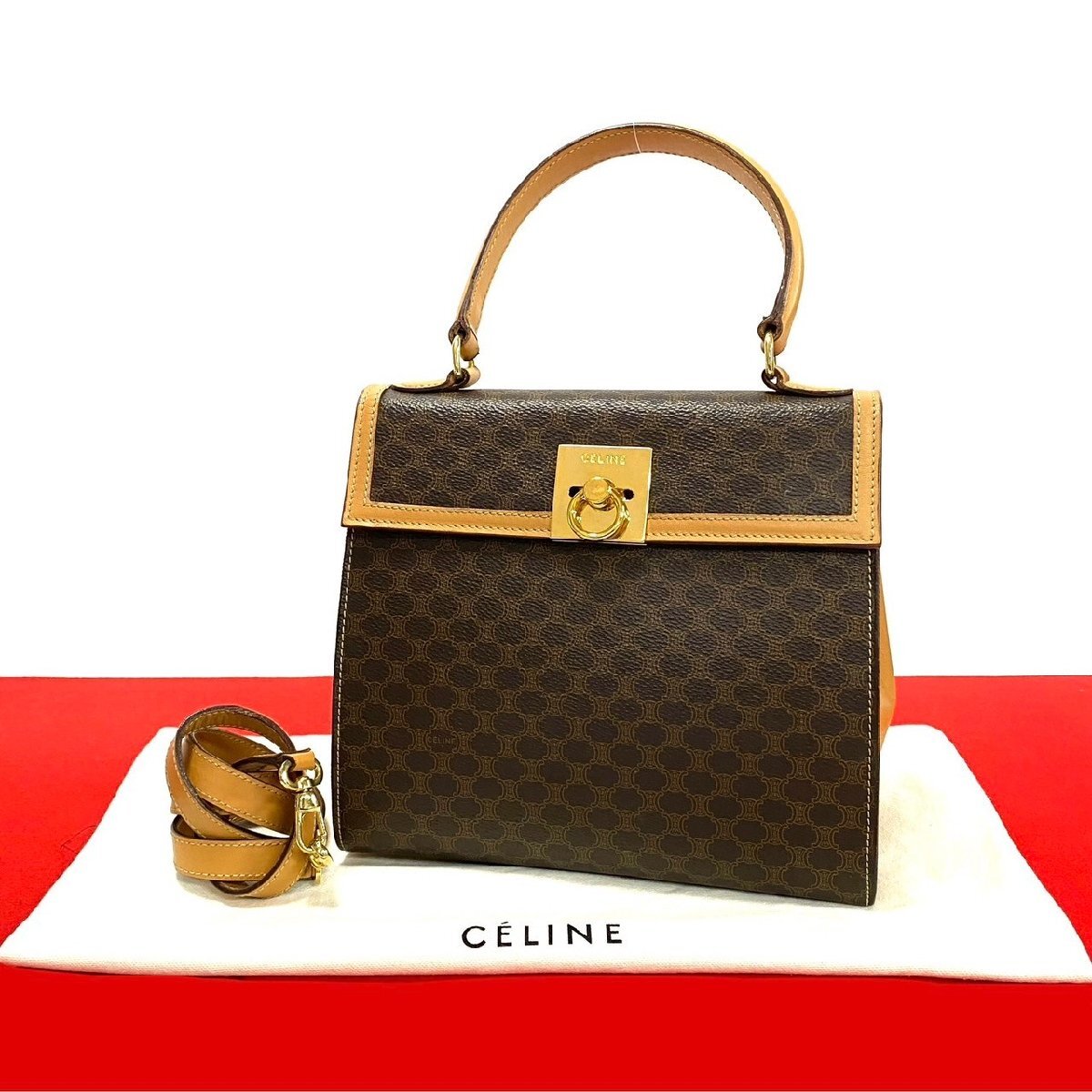 極 美品 袋付き CELINE セリーヌ マカダム ブラゾン トリオンフ 柄 ロゴ リング金具 レザー 2way ハンドバッグ ショルダーバッグ 茶 43031拍卖