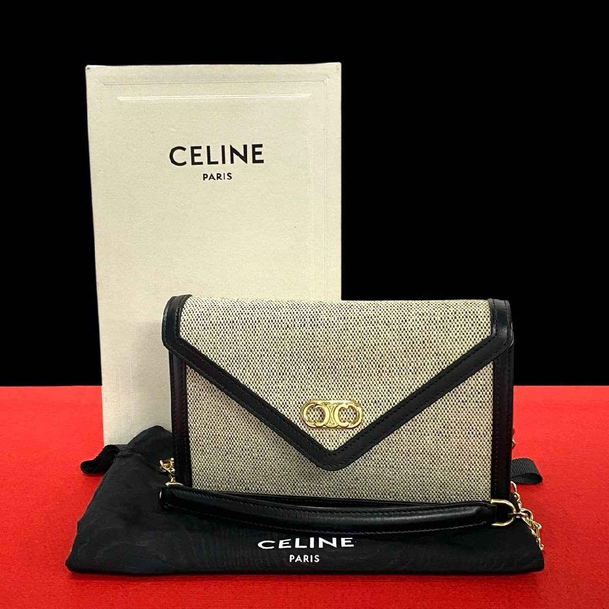 極 美品 箱 袋付き CELINE セリーヌ トリオンフ チェーン ショルダー キャンバス レザー 本革 ミニ ポシェット ブラック アイボリー 37007拍卖