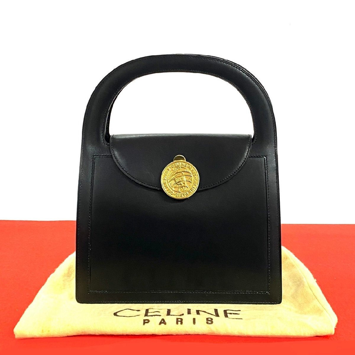 極 美品 希少品 袋付き CELINE セリーヌ ヴィンテージ 地球儀 ロゴ 金具 レザー 本革 ハンドバッグ ミニ トートバッグ ブラック 30428拍卖