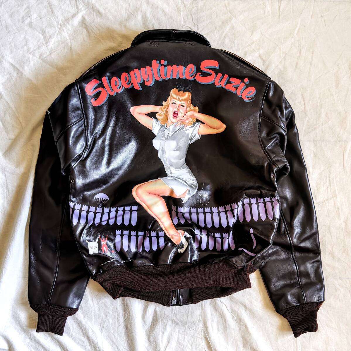 旧リアルマッコイズ A-2 Sleepytime Suzie 1993年製 36 デッドストック 60着限定 THE REAL McCOY'S レザー シールブラウン ペイント拍卖