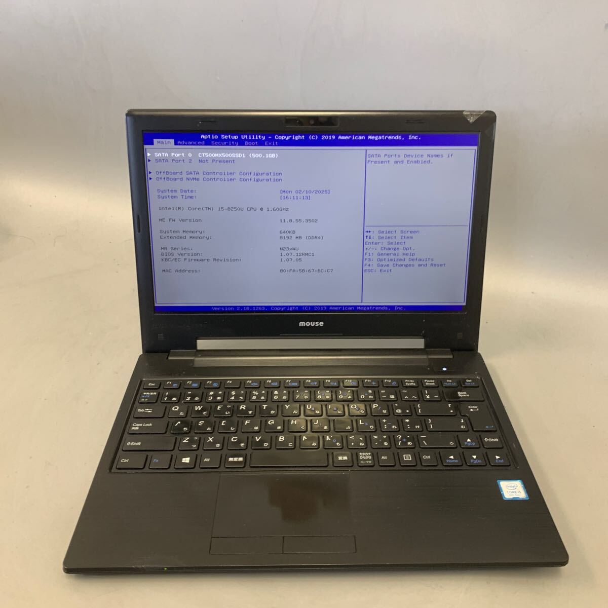 JK6152 MOUSE Mpro-NB391H-SSD/Core i5-8250U 1.60Ghz /メモリー:8GB/HDD:500GB/BIOS確認だけ/外観破損拍卖