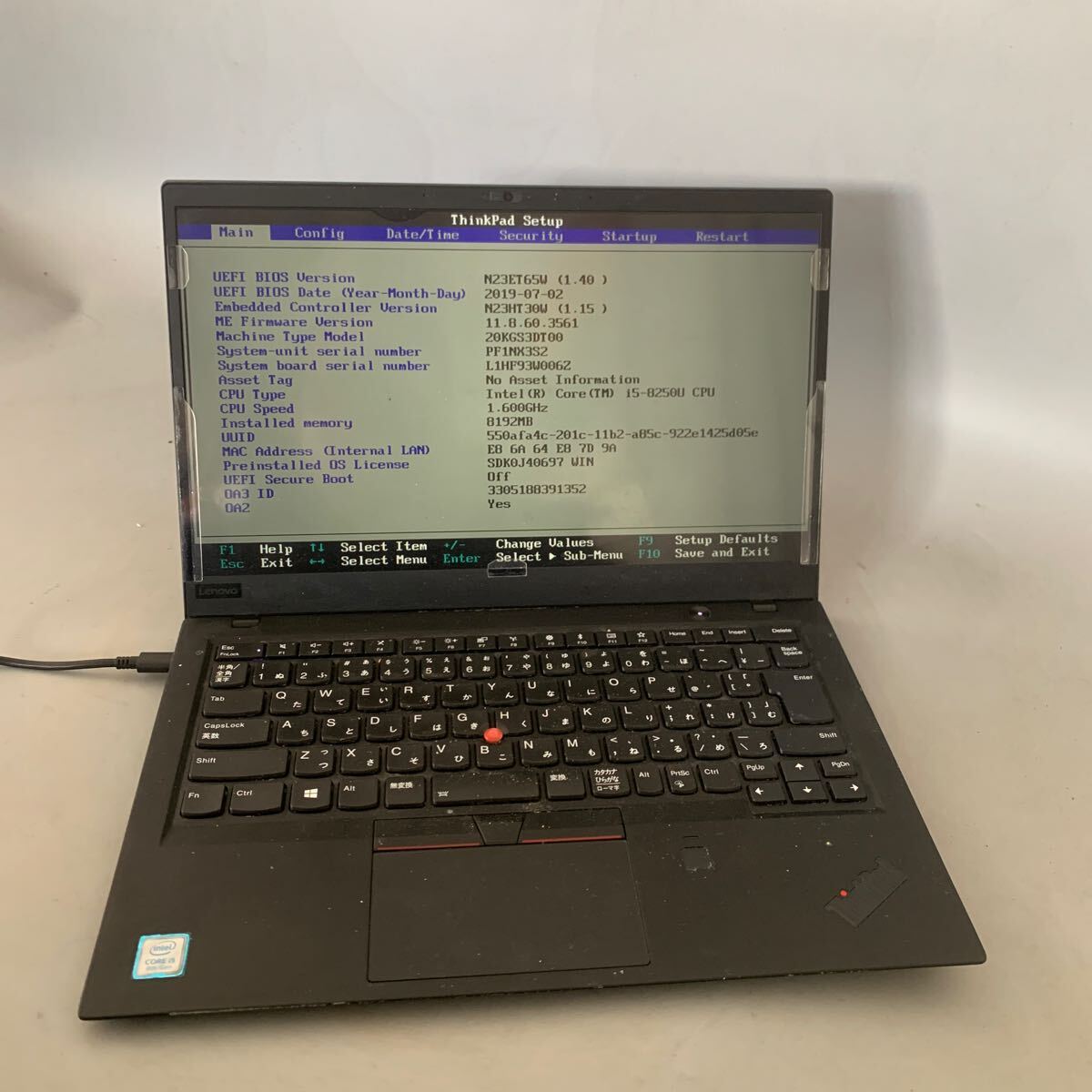 JK6224 Lenovo Thinkpad X1 Carbon /Core i5-8250U 1.60Ghz /メモリー:8GB/SSD:無し/BIOS確認だけ/充電口破損拍卖