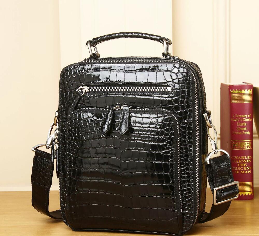 新入荷新作艶あり 多機能 斜めがけ クロコダイル本革ワニ革メンズショルダーバッグ肩掛けメッセンジャーバッグ腹部革センター取り ブラック拍卖