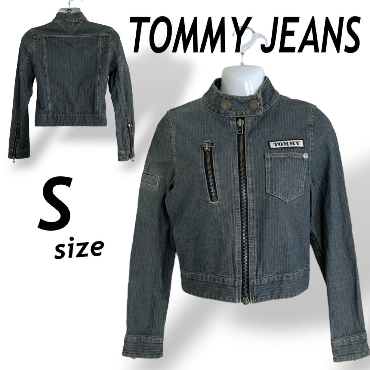 TOMMY JEANS トミージーンズ レディース デニムジャケット S ジージャン ライダース ショート丈 224-611401-050 ブルー系 (B30)★拍卖