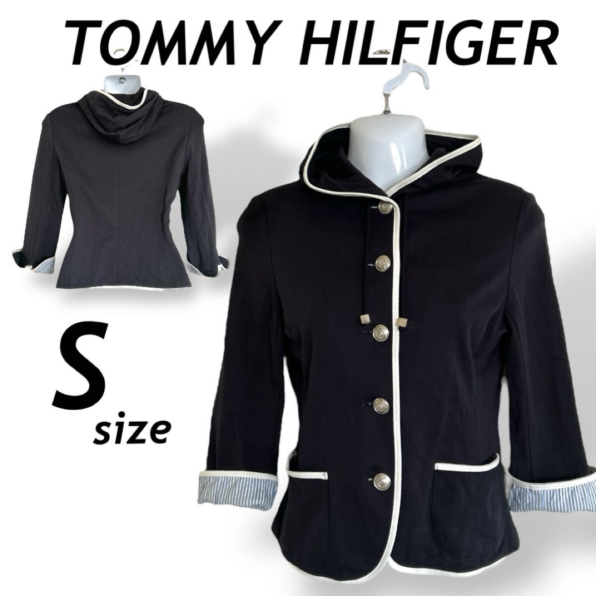 TOMMY HILFIGER トミーヒルフィガー レディーステーラードジャケット S 袖2WAY 五分袖〜七分袖程度 12-4521602-040 春秋ネイビー系 (B32)★拍卖