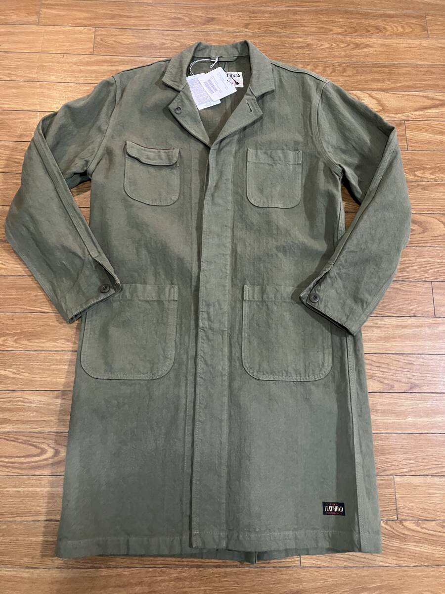 THE FLAT HEAD FN-OC-CL001 HERRINGBONE SHOP COAT OLIVE Lサイズ拍卖