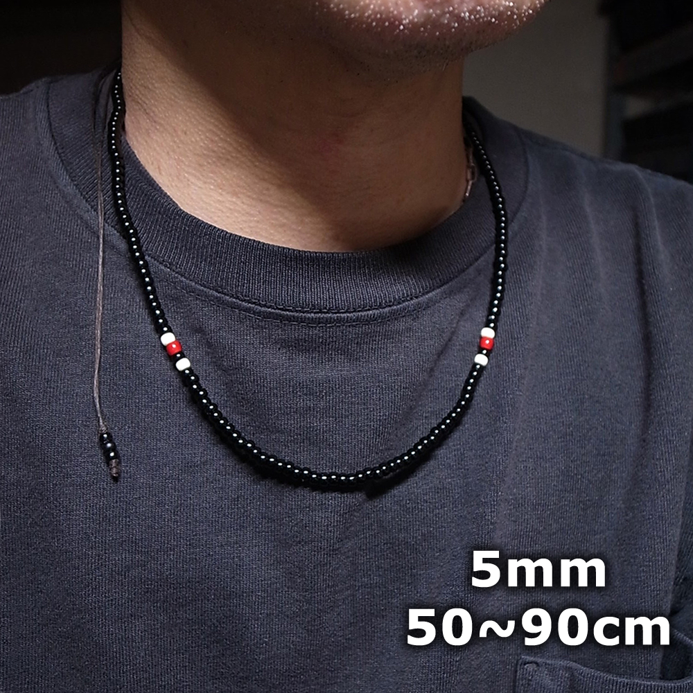 4mmグラスビーズ ネックレス50- BLACK/RED拍卖