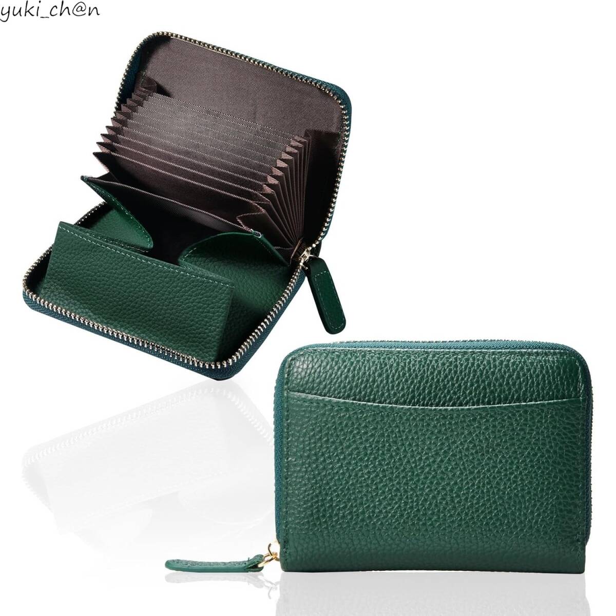 ミニ財布 レザー ダークグリーン 外ポケット付き 本革 二つ折り財布 じゃばら カードウォレット 小銭入れ 無地 コンパクト 金運 運気アップ拍卖