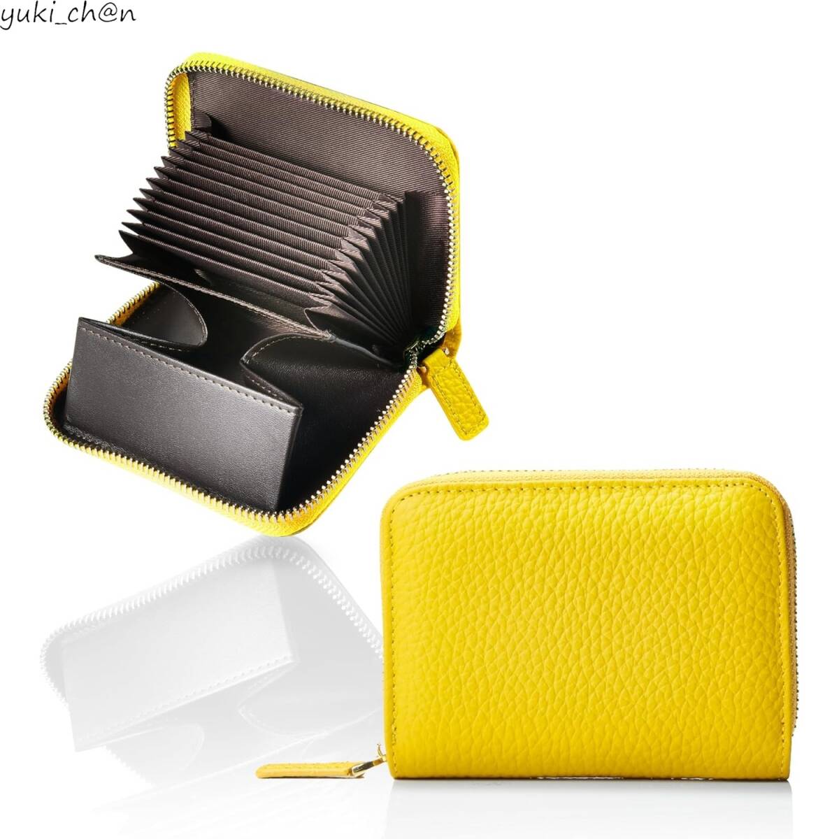 ミニ財布 レザー イエロー 外ポケット無し 本革 二つ折り財布 じゃばら カードウォレット 小銭入れ 無地 コインケース 金運 運気アップ拍卖