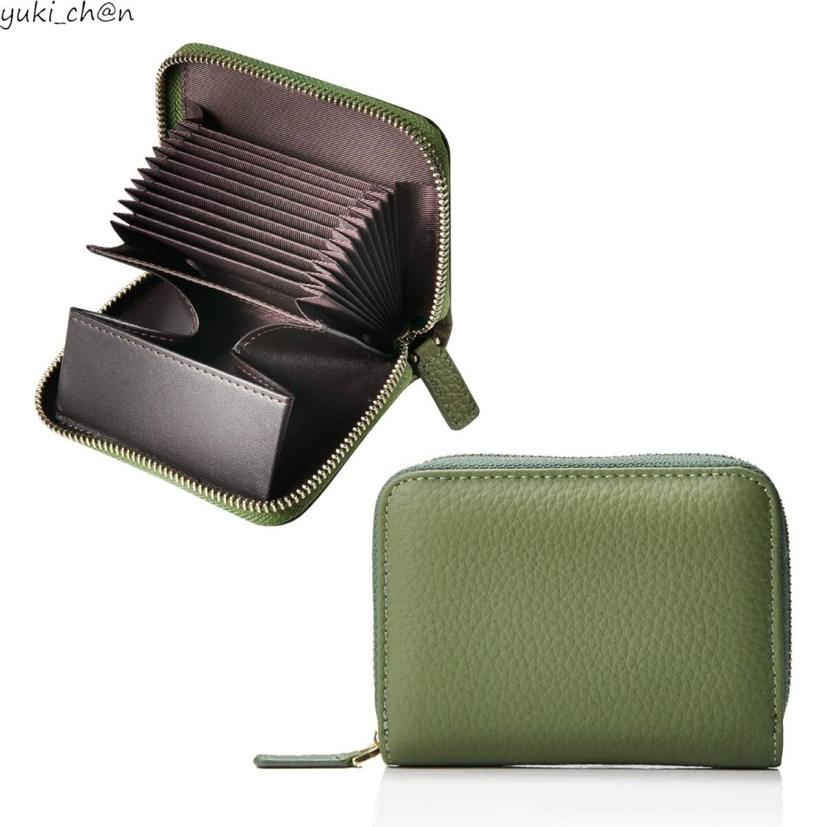 ミニ財布 レザー オリーブ 外ポケット無し 本革 二つ折り財布 じゃばら カードウォレット 小銭入れ 無地 コインケース 金運 運気アップ拍卖