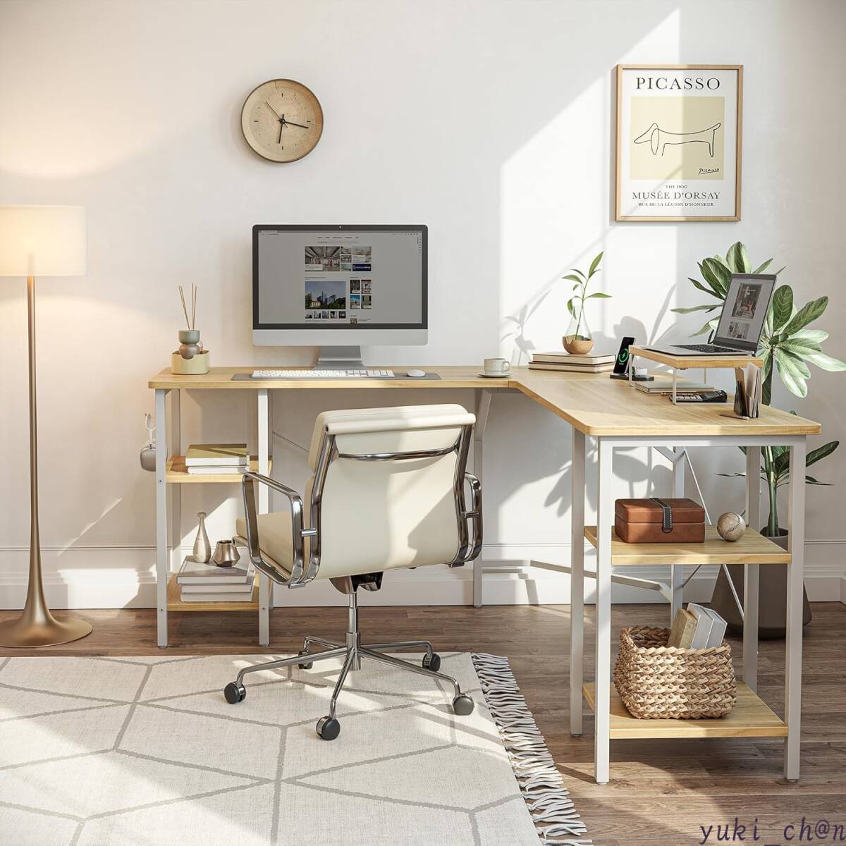 デスク L字デスク ラック付きデスク ゲーミングデスク パソコンデスク モニター台付き 128cm × 128cm ナチュラル拍卖