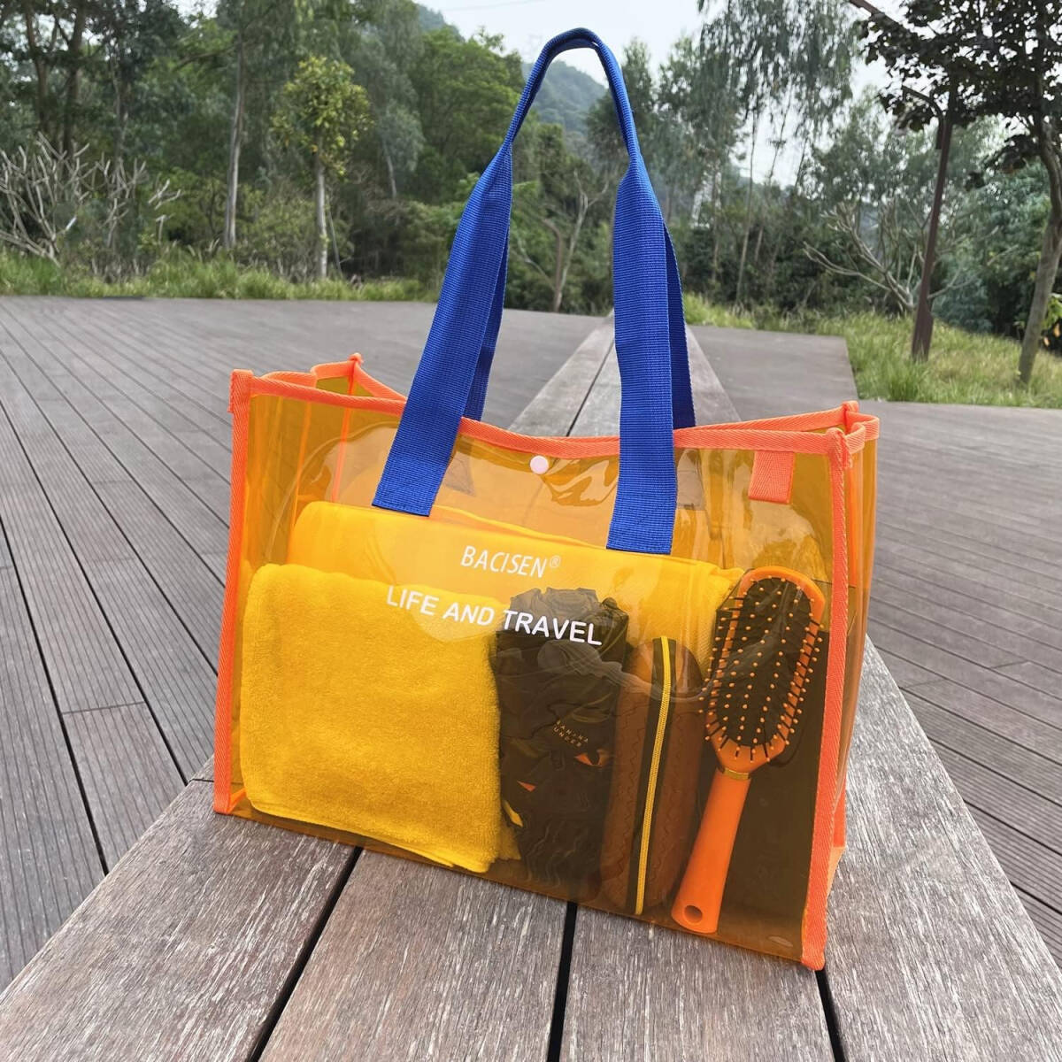 プールバッグ オレンジ/ブルー ビニールバッグ 透明バック ビーチバッグ トートバッグ 防水 大容量 手提げ 水泳 温泉 旅行 出張拍卖