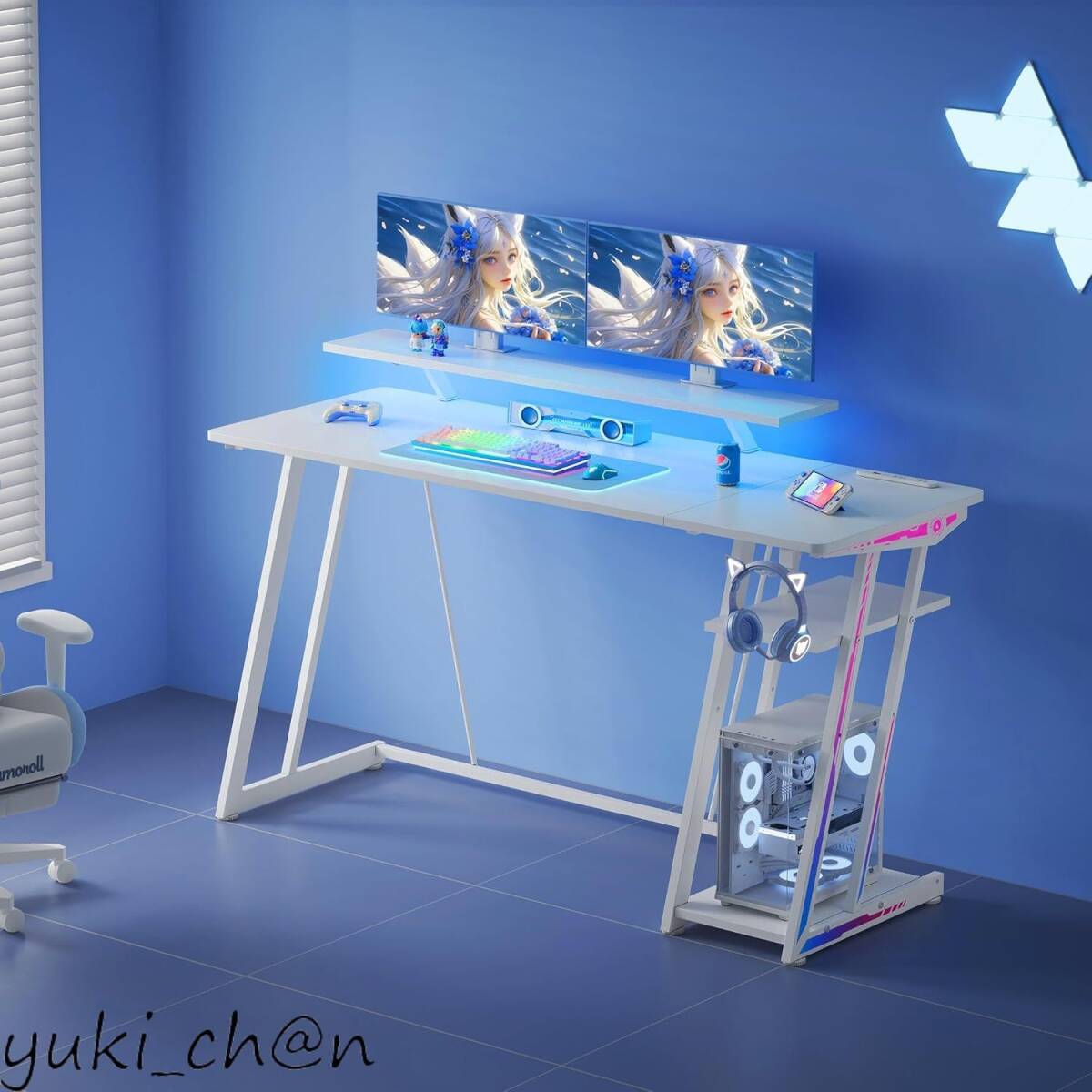 ゲーミングデスク LEDライト付き ゲーミング 幅120cm 収納ラック2段付き 台下区分収納対応 机 ゲーミングローデスク 白色 ホワイト拍卖