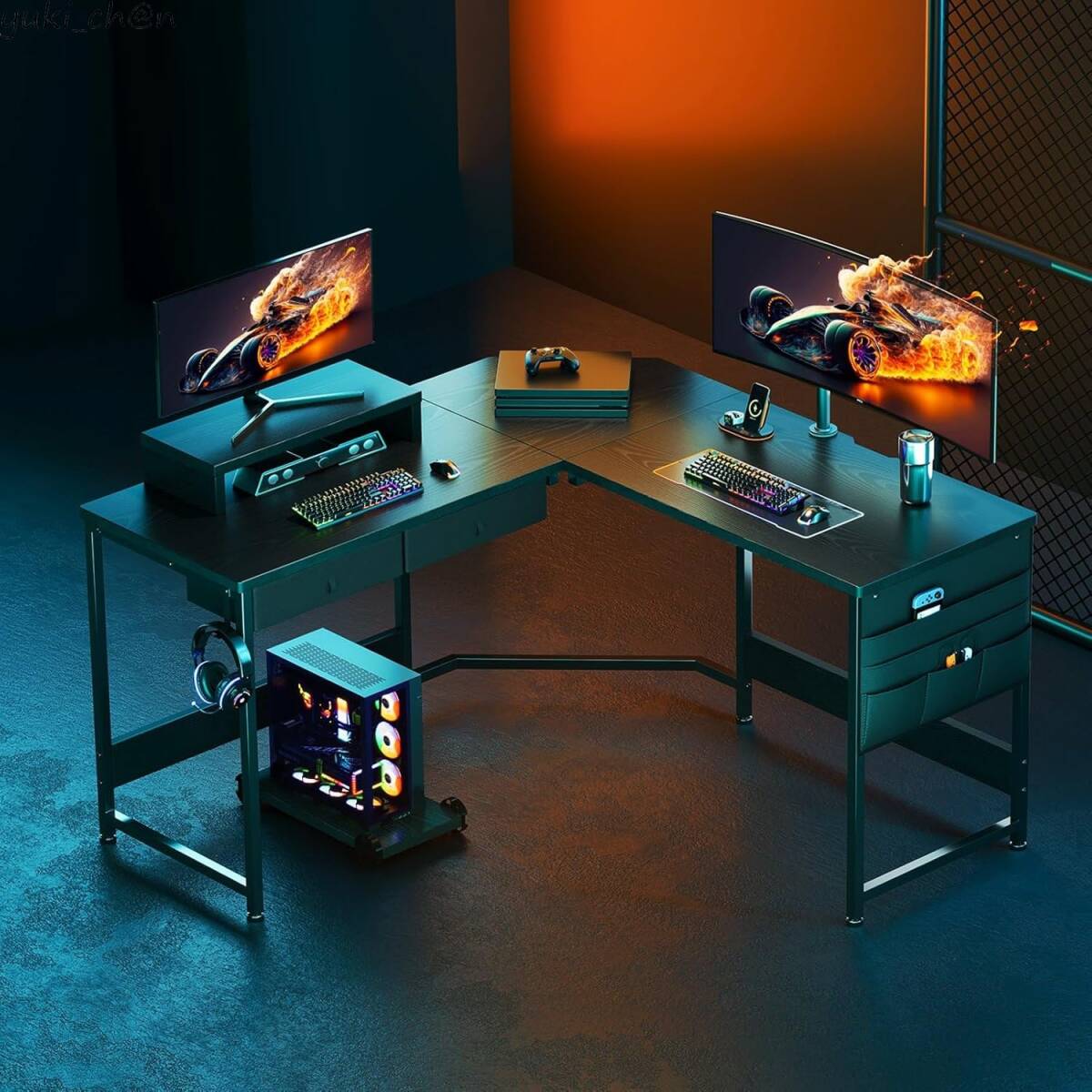 ゲーミングデスク ブラック 125x45x74 パソコンデスク 机 L字テーブル PCデスク 作業机 引き出し付き 在宅勤務拍卖