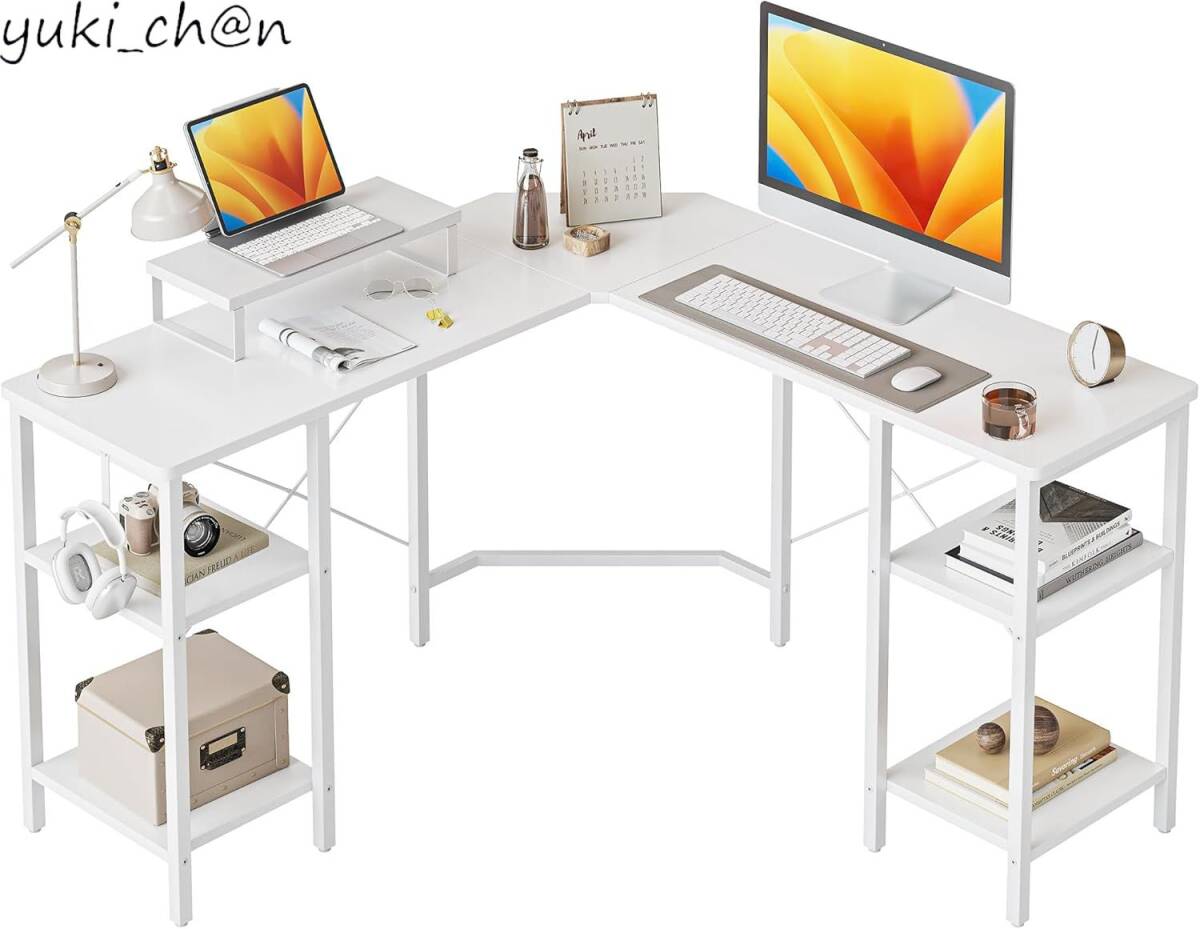 デスク L字デスク ラック付きデスク ゲーミングデスク パソコンデスク モニター台付き 128cm × 128cm ホワイト拍卖