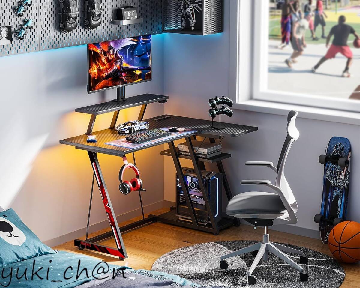 ゲーミングデスク LEDライト付き L字デスク 炭素繊維天板 コンセント付き 幅100cm 奥行50cm 高さ75cm ブラック拍卖