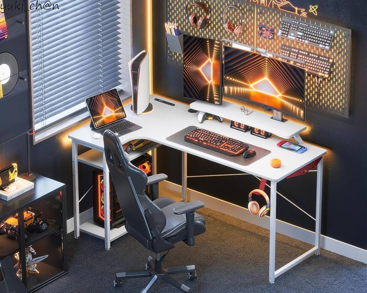 ゲーミングデスク ホワイト 130x80x74 パソコンデスク L字 コンセント付き PCデスク 机 ラック コーナーデスク 収納拍卖