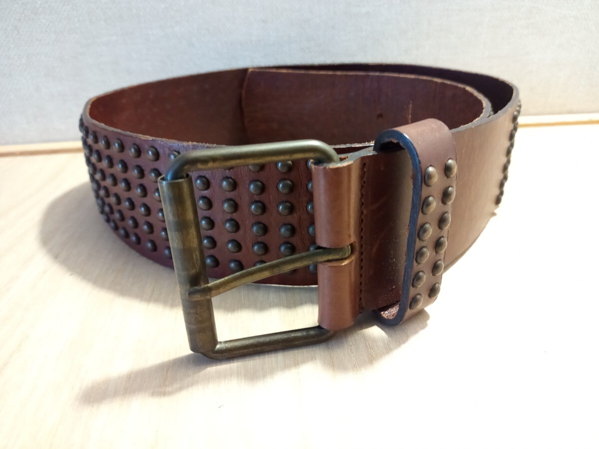 一枚革スタッズベルト 太ベルト ウエスト80cm~90cm 58mm幅 こげ茶色拍卖