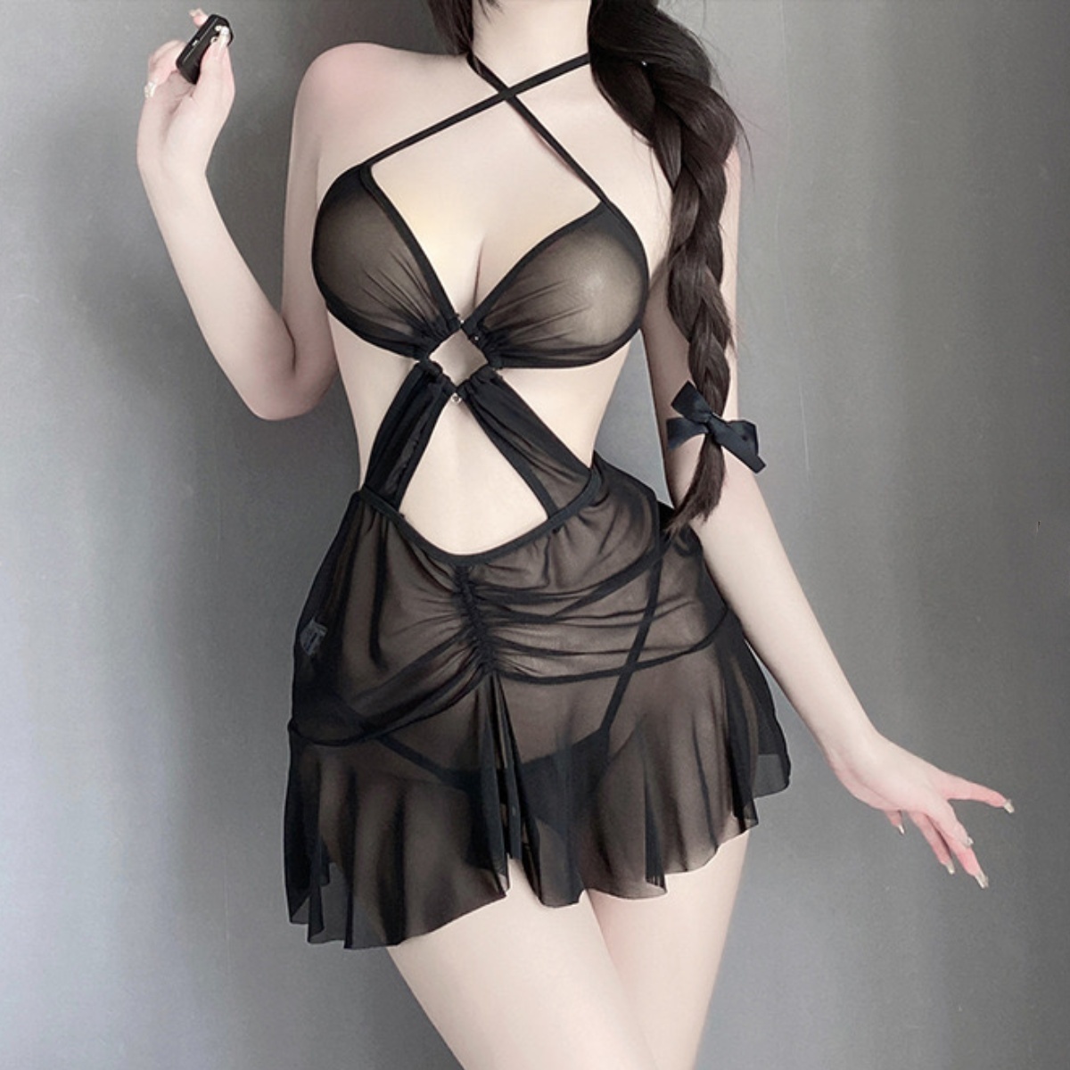 セクシーランジェリー 透け透け キャミソール「Tバック・ワンピース2点セット」ベビードール ナイトウェア ML2354BK拍卖