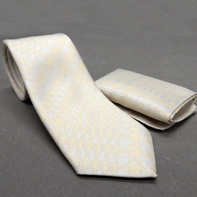 フォーマルネクタイ ベージュ×銀 チーフ付 千鳥格子 結婚式・披露宴 甲州織 ポリエステル100% 日本製 メール便可 nk-T91拍卖