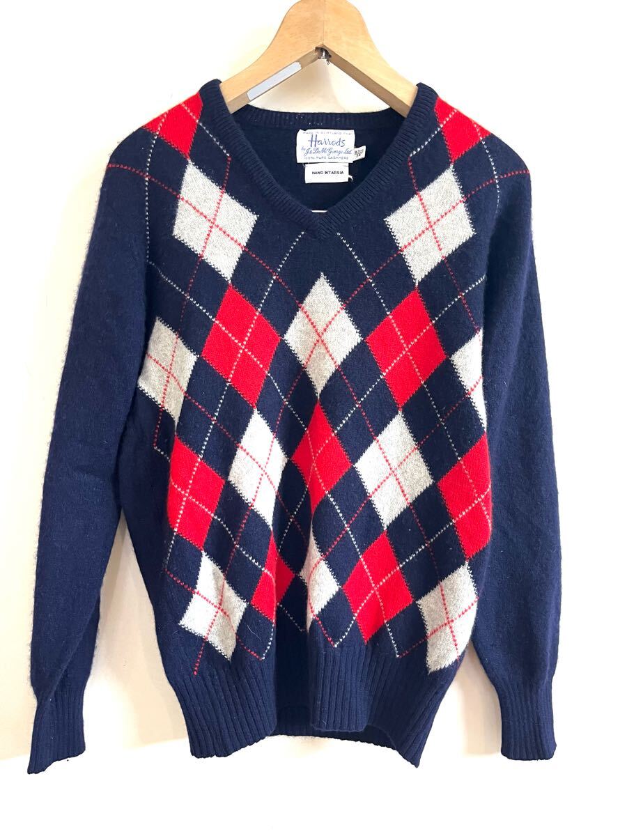 90'sビンテージ本場スコットランド製ハロッズカシミヤニット34 アーガイル柄 Vネックネイビー拍卖