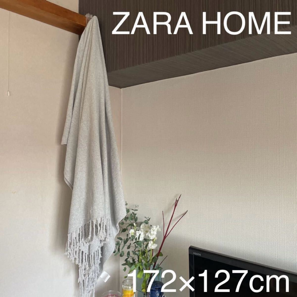 ザラホーム 大判ブランケット モールニット フリンジ 無地 グレー ZARA HOME 美品 毛布 インテリア ソファーカバー ベッドカバー拍卖